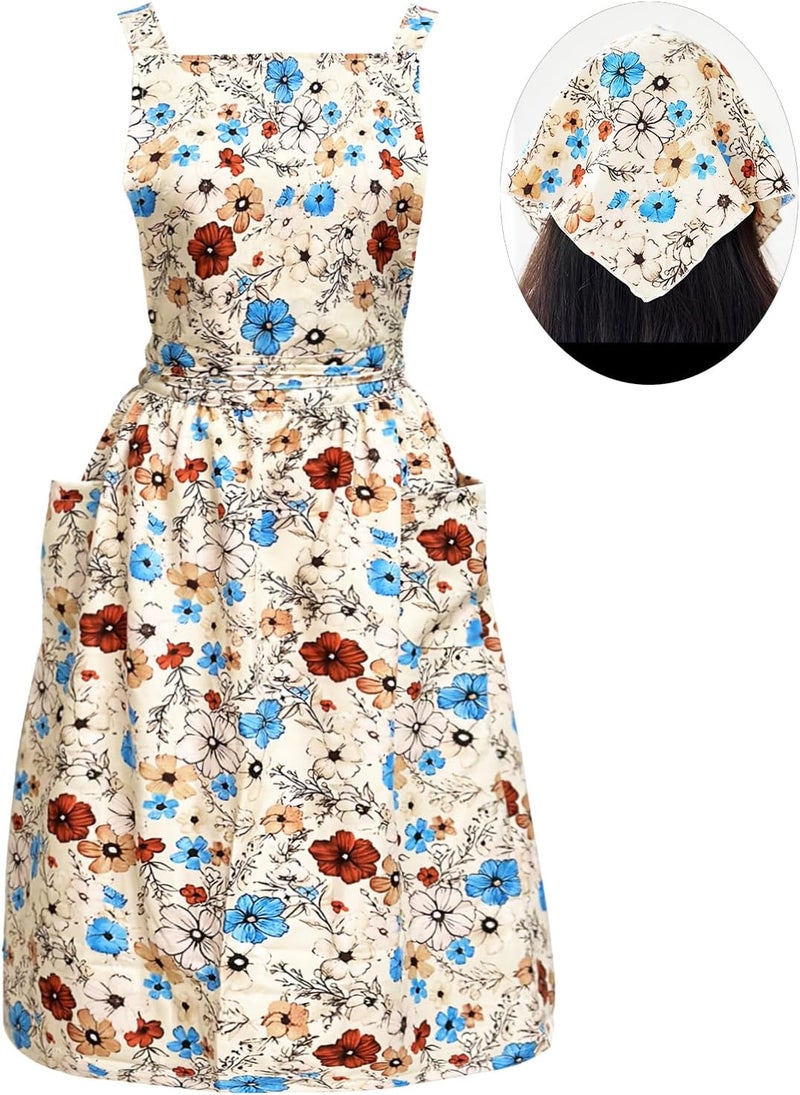 Cityelf Vintage Pinafore Floral Apron Dress with Headscarf Set Adjustable Cross Back with Pocket for Kitchen Baking Gardening - Image 2